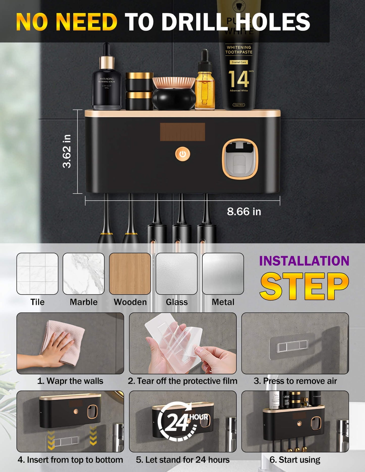 Wall-Mounted UV Toothbrush Sanitizer with Integrated Toothpaste Dispenser and Large Capacity Tray for Bathroom Organization