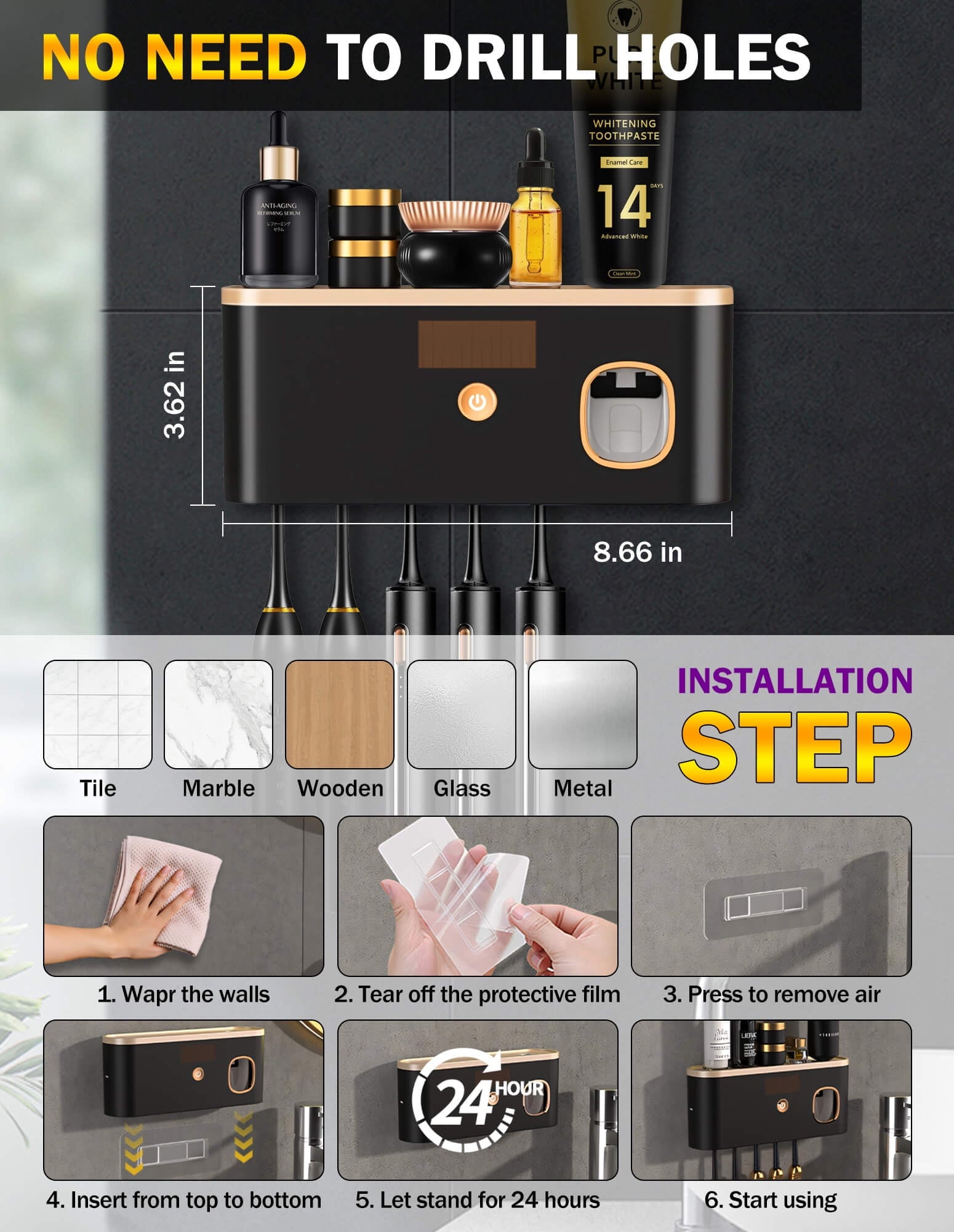 Wall-Mounted UV Toothbrush Sanitizer with Integrated Toothpaste Dispenser and Large Capacity Tray for Bathroom Organization