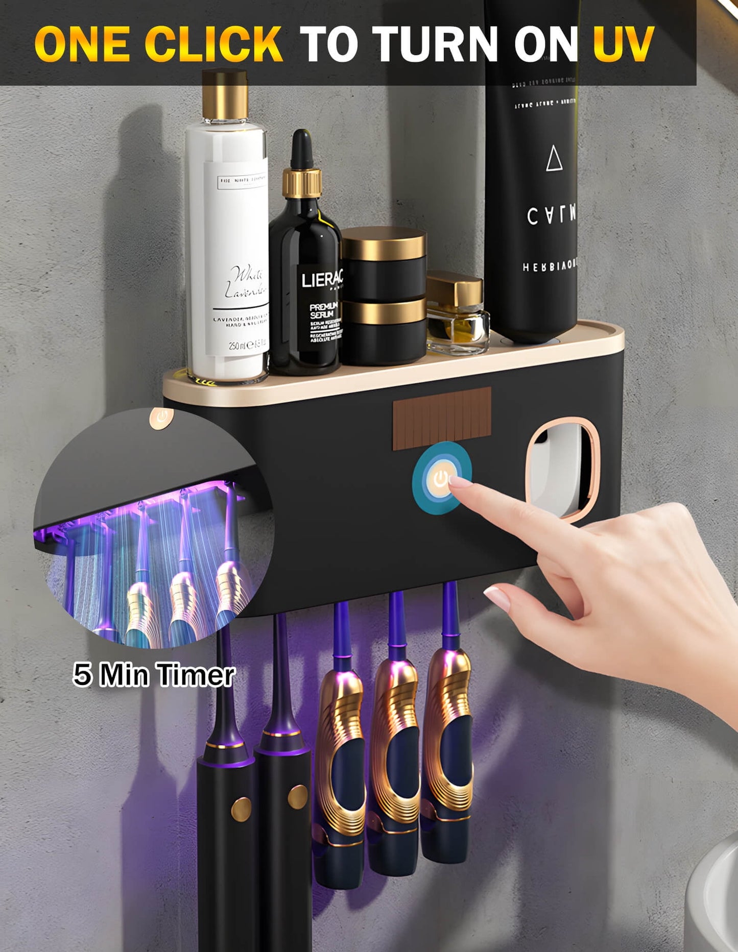 Wall-Mounted UV Toothbrush Sanitizer with Integrated Toothpaste Dispenser and Large Capacity Tray for Bathroom Organization