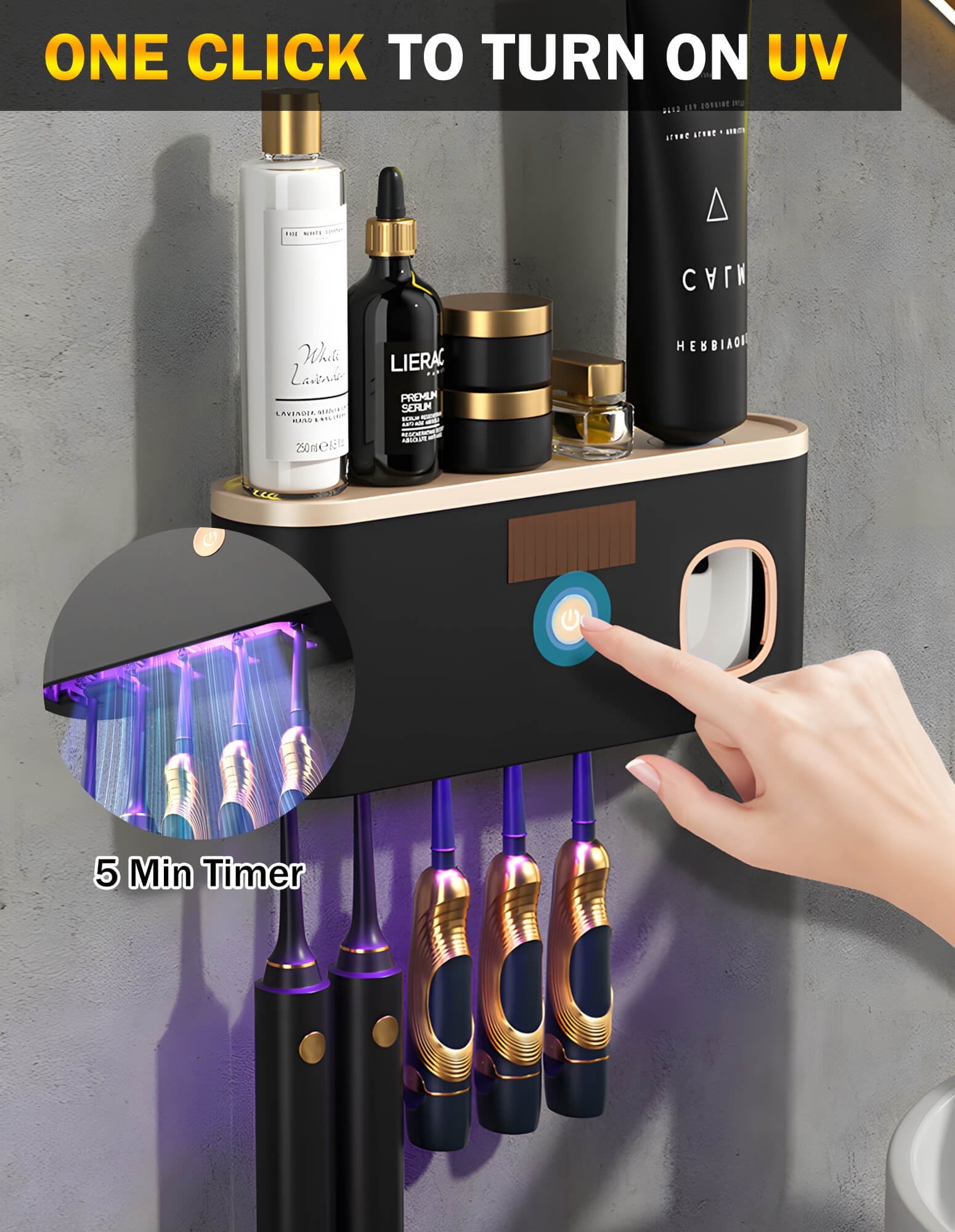 Wall-Mounted UV Toothbrush Sanitizer with Integrated Toothpaste Dispenser and Large Capacity Tray for Bathroom Organization