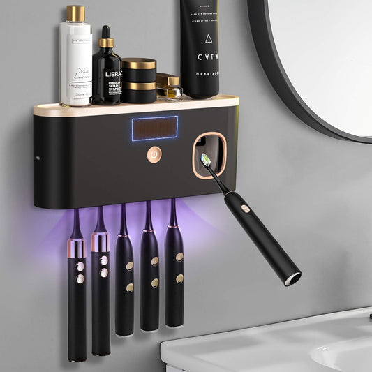 Wall-Mounted UV Toothbrush Sanitizer with Integrated Toothpaste Dispenser and Large Capacity Tray for Bathroom Organization